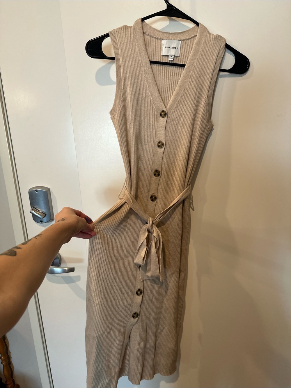 Pink Rose Ribbed Sleeveless Button-Front Dress in Beige